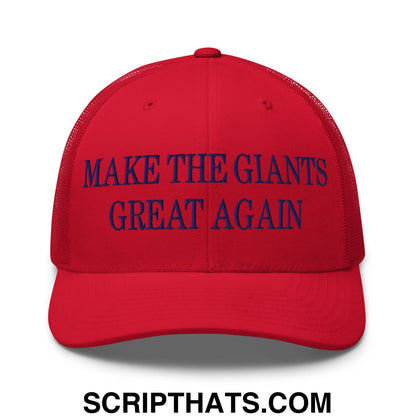 Red mesh trucker hat with navy blue embroidered make the giants great again text on the front panel