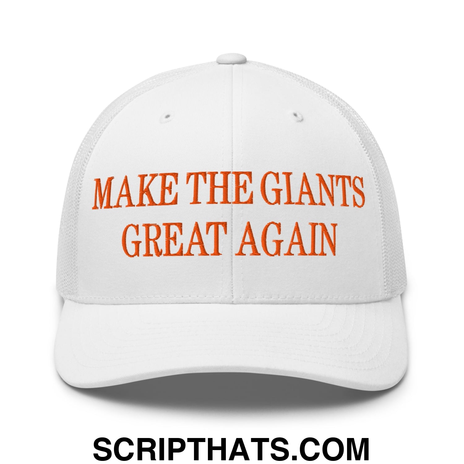 White mesh trucker hat with orange embroidered text make the giants great again on the front panel