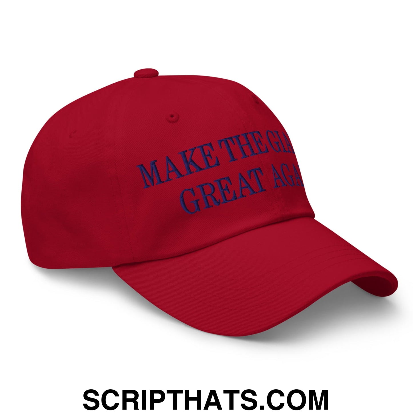 Red unstructured dad hat with make the great again embroidered in navy blue for giants fans