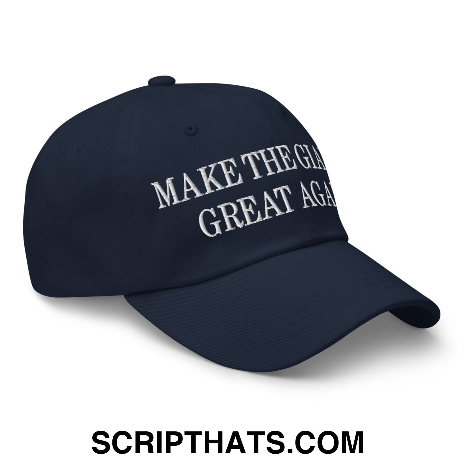 Navy blue unstructured dad hat with white embroidered text make the great again for casual wear