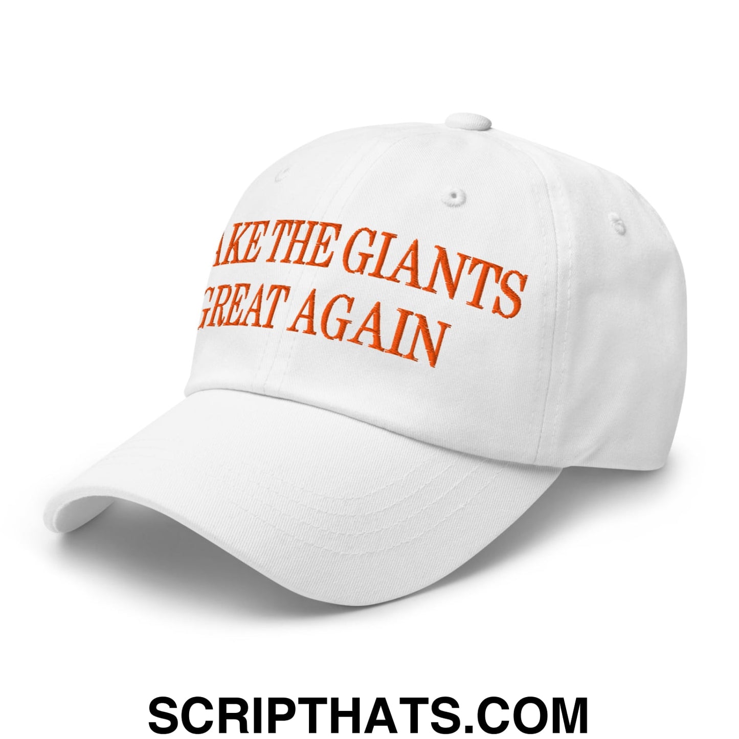 White unstructured dad hat with orange embroidered make the giants great again text baseball cap