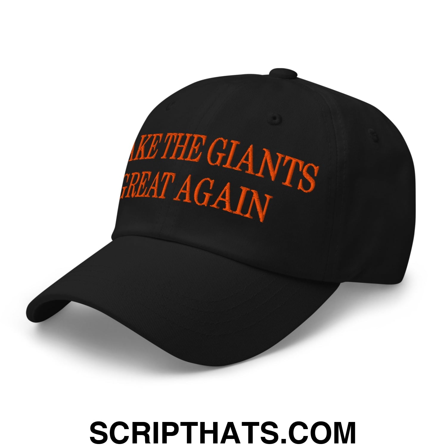 Black unstructured dad hat with orange embroidered make the giants great again text for casual wear