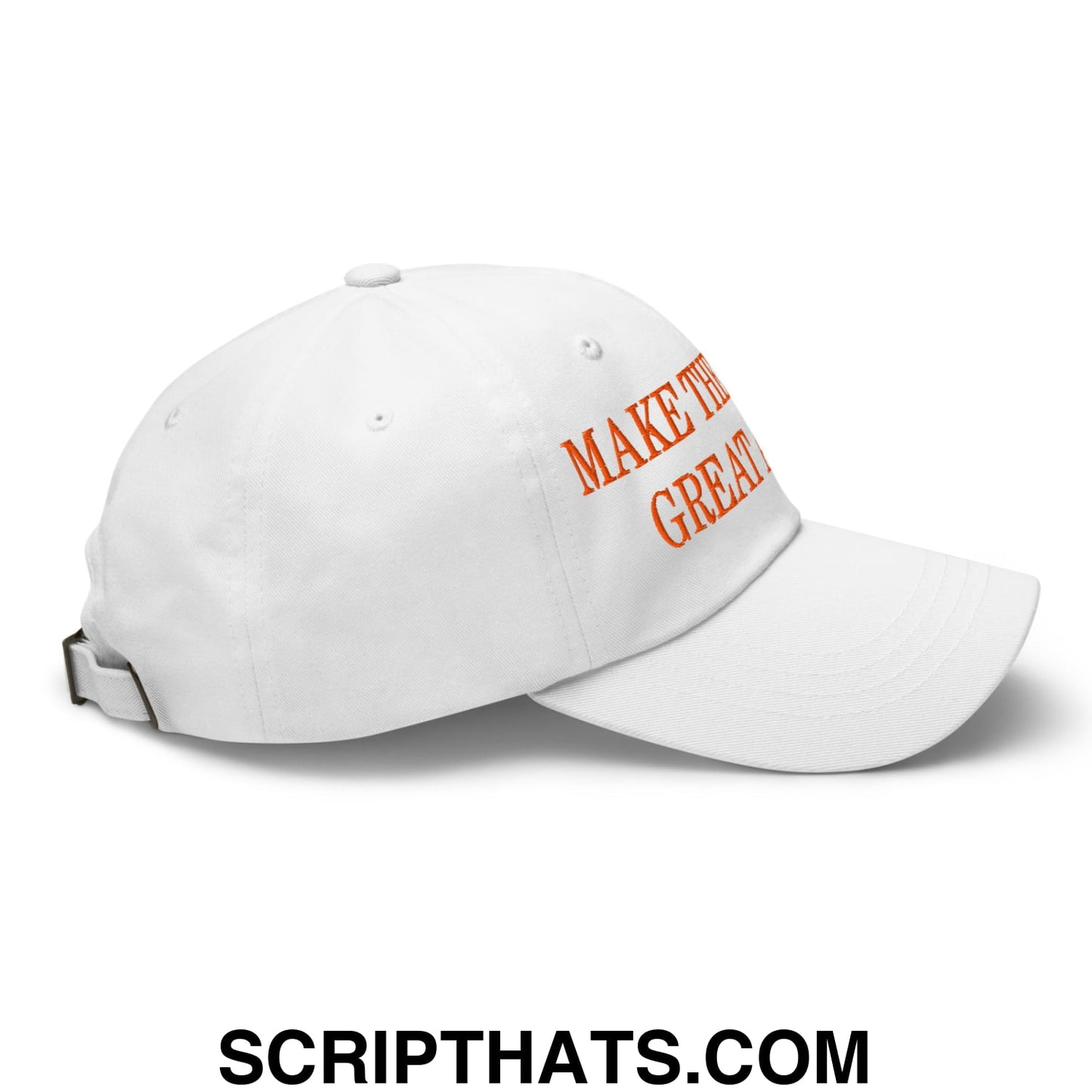 White unstructured dad hat with orange embroidered make the great text front for make the giants great again fans