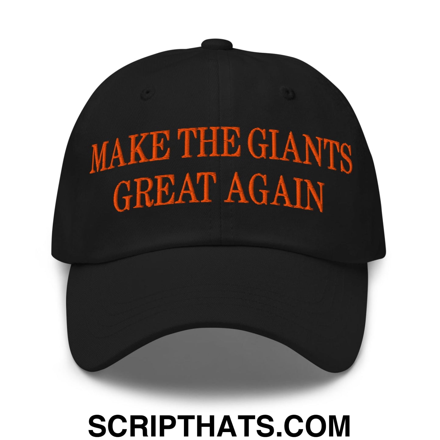 Black unstructured dad hat with orange embroidered make the giants great again text for casual wear