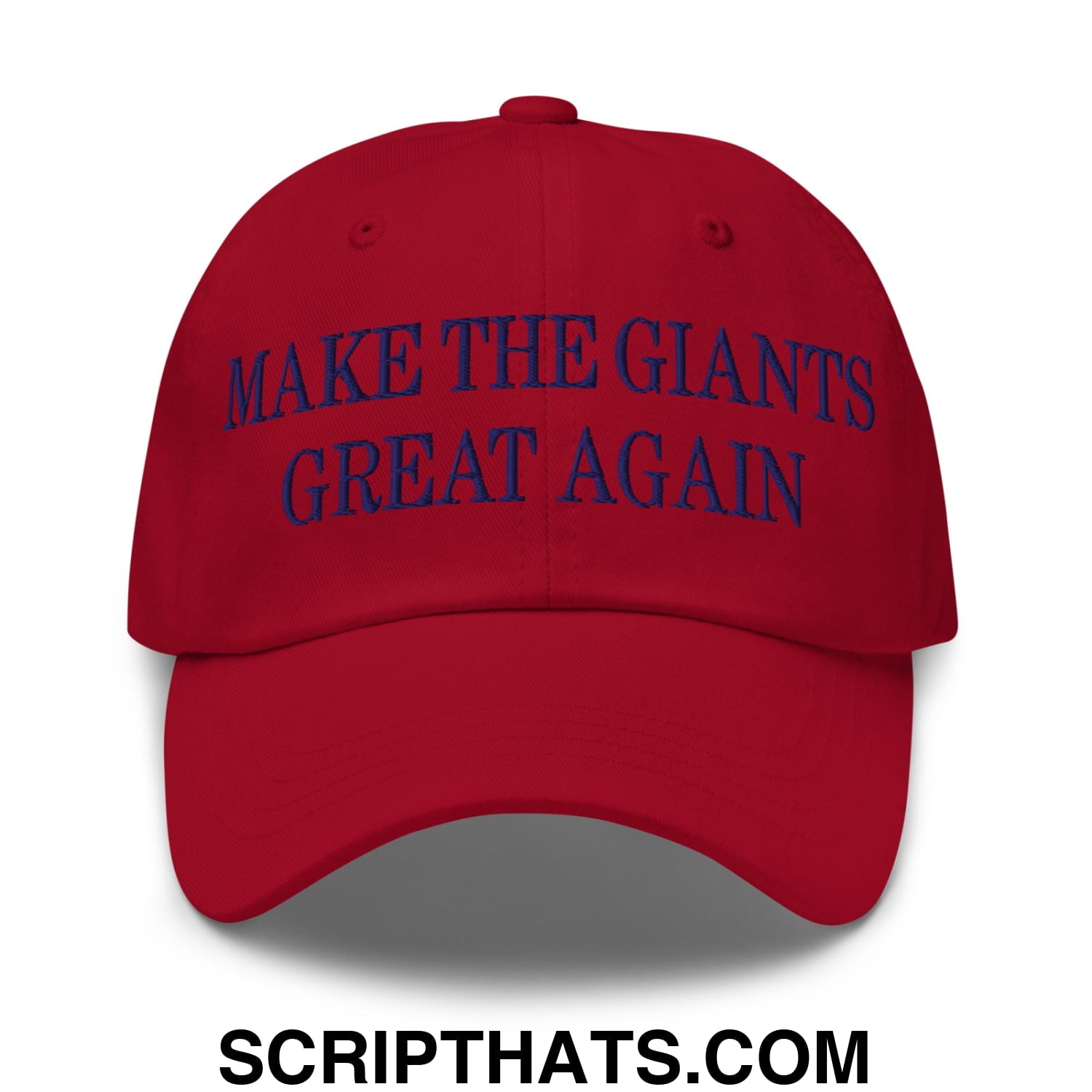 Red embroidered unstructured dad hat with make the giants great again navy blue script slogan