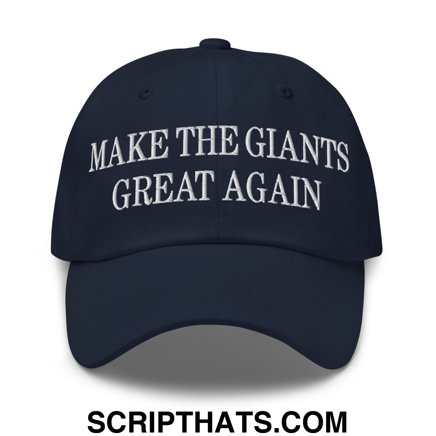 Navy blue unstructured dad hat with white embroidered text make the giants great again for casual wear