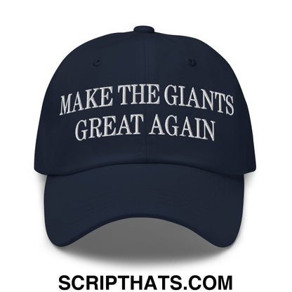 Navy blue unstructured dad hat with white embroidered text make the giants great again for casual wear