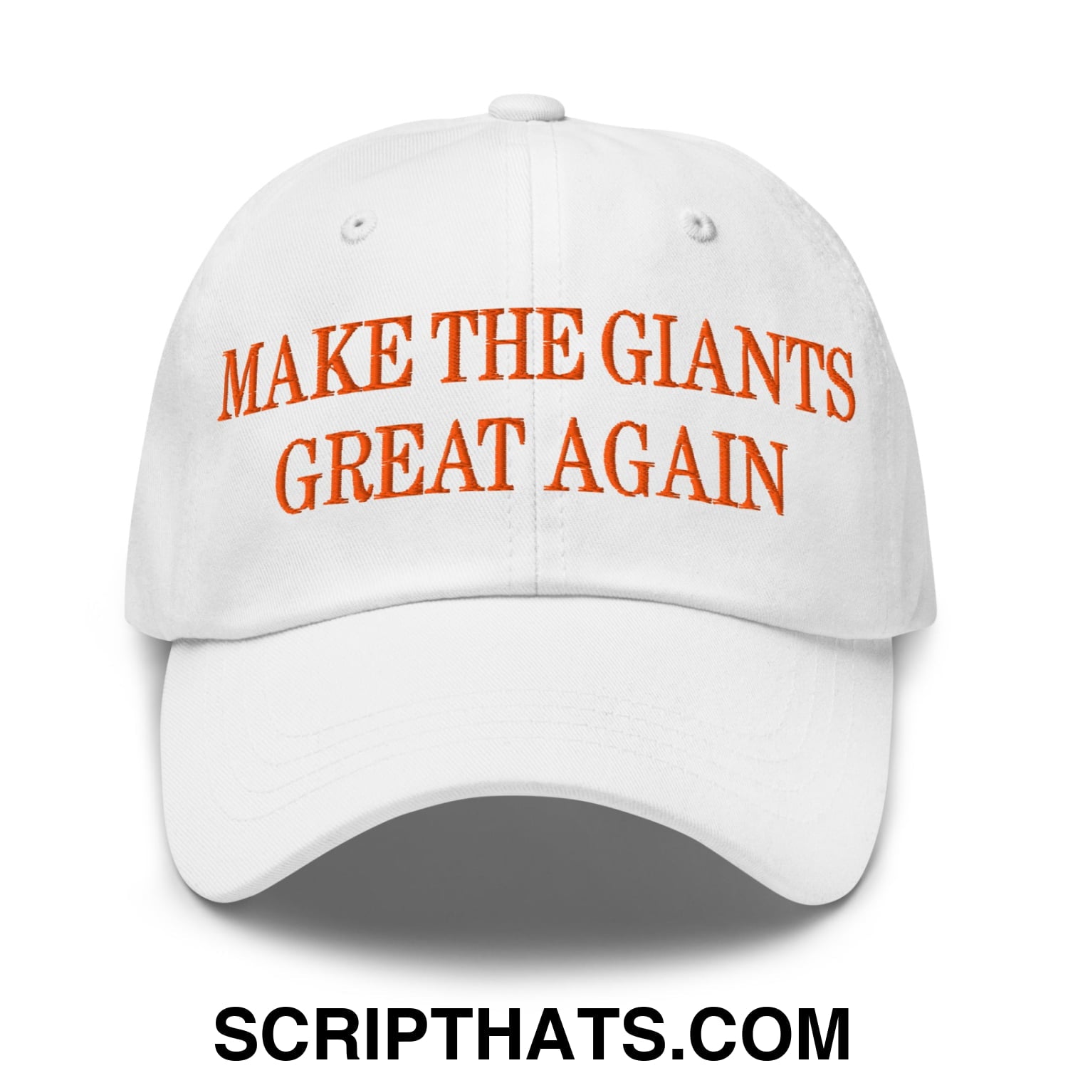 White embroidered unstructured dad hat with orange make the giants great again text for casual wear