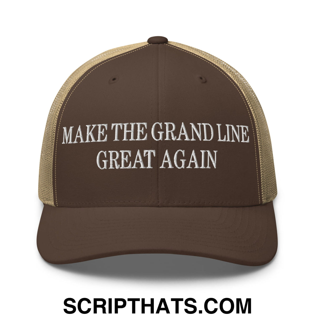 Brown and tan mesh trucker hat with white embroidered text make the grand line great again