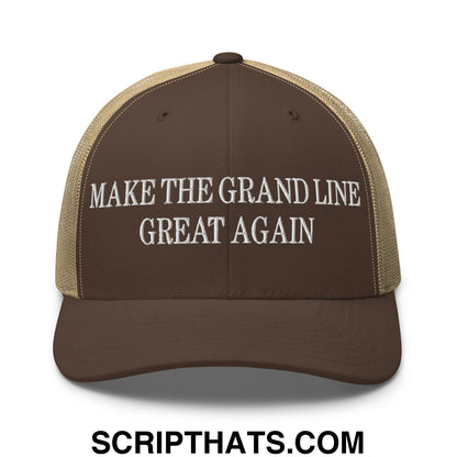 Brown and tan mesh trucker hat with white embroidered text make the grand line great again