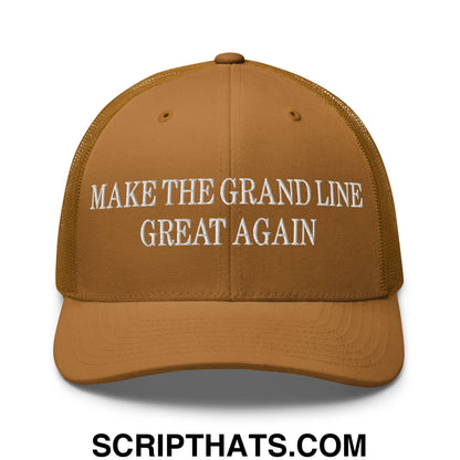 Tan mesh trucker hat with white embroidered text reading make the grand line great again on the front