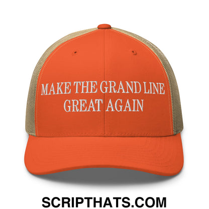 Orange and beige mesh trucker hat with white embroidered text reading make the grand line great again