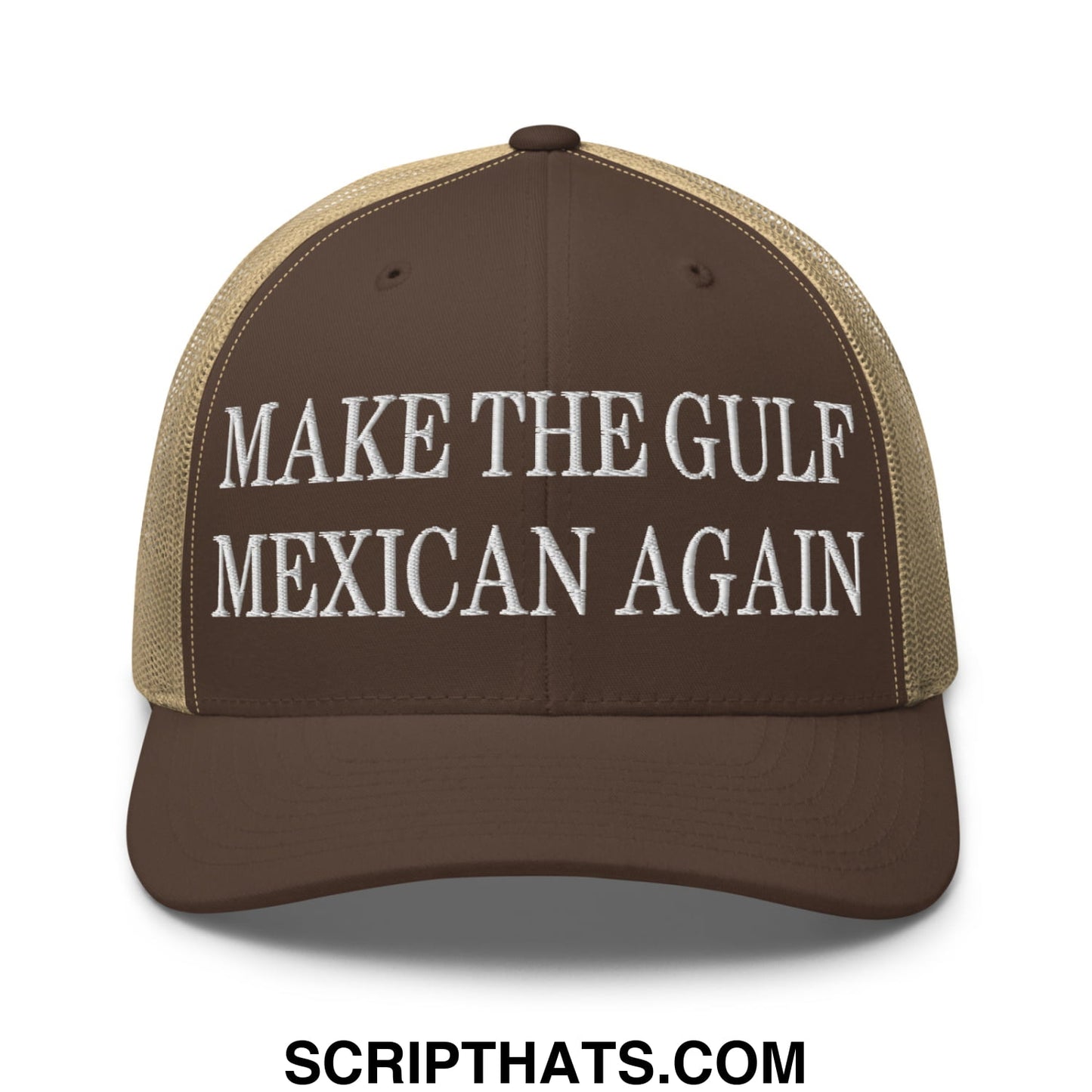 Make The Gulf Mexican Again Embroidered Mesh Trucker Hat Brown Khaki