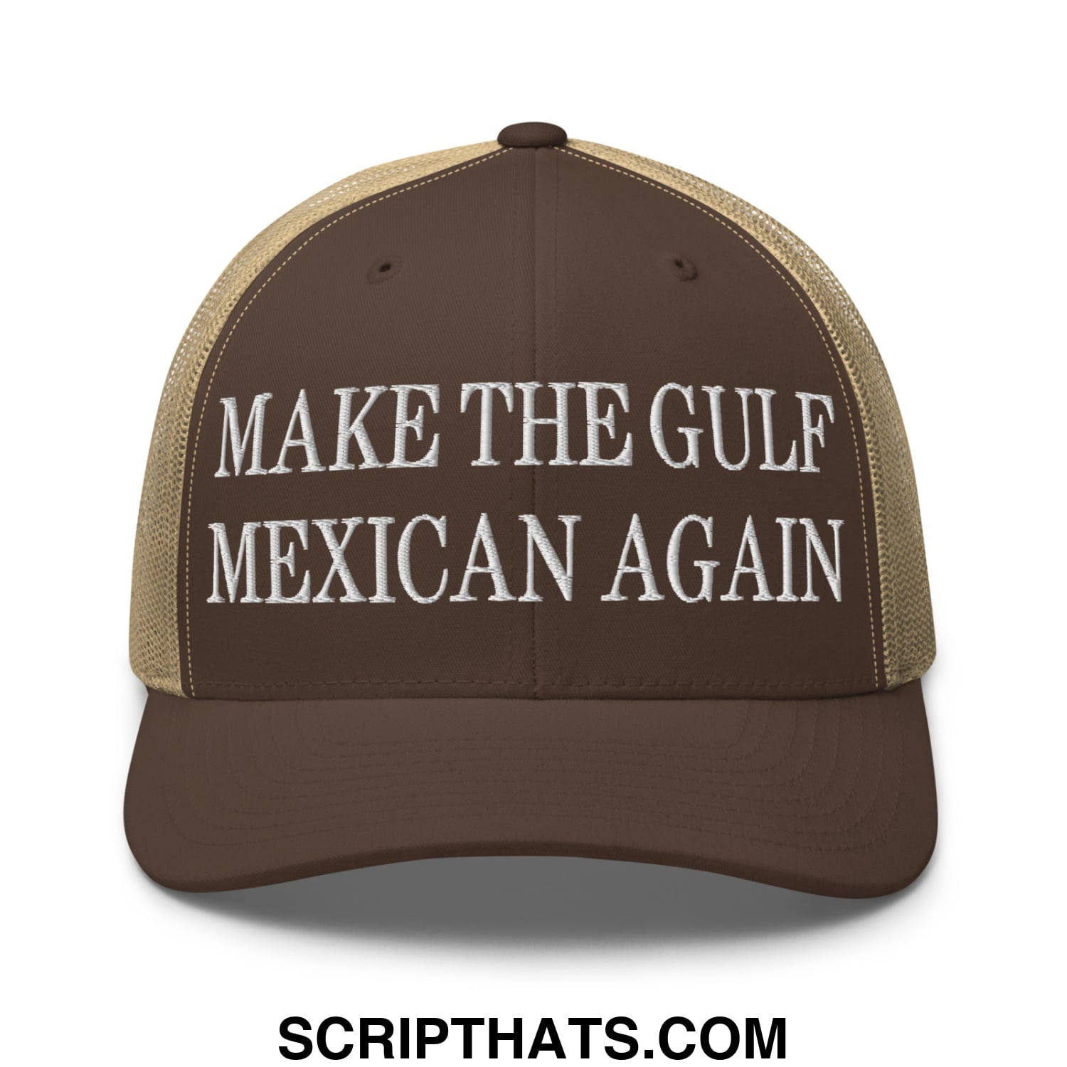 Make The Gulf Mexican Again Embroidered Mesh Trucker Hat Brown Khaki