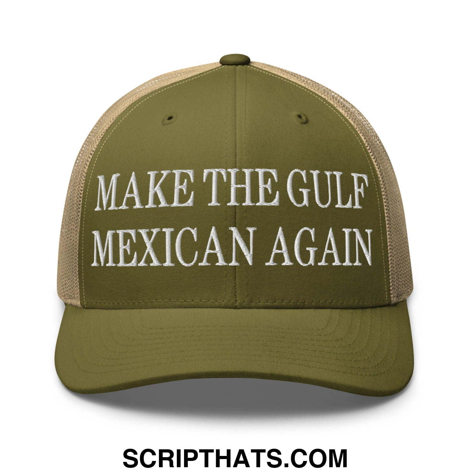 Make The Gulf Mexican Again Embroidered Mesh Trucker Hat Moss Khaki