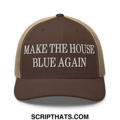 Make The House Blue Again Embroidered Mesh Trucker Hat Brown Khaki