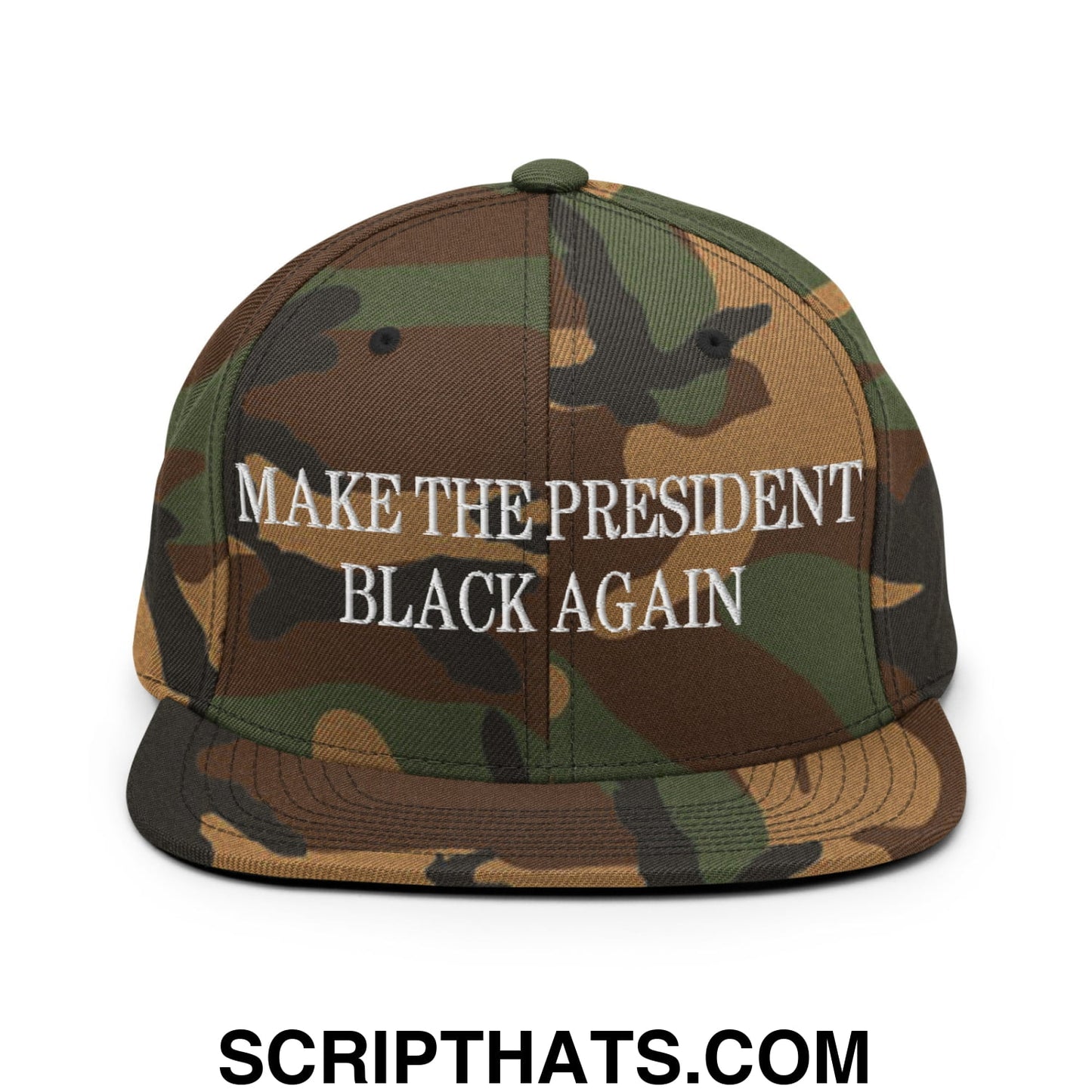 Make The President Black Again Embroidered Flat Bill Brim Snapback Hat Green Camo