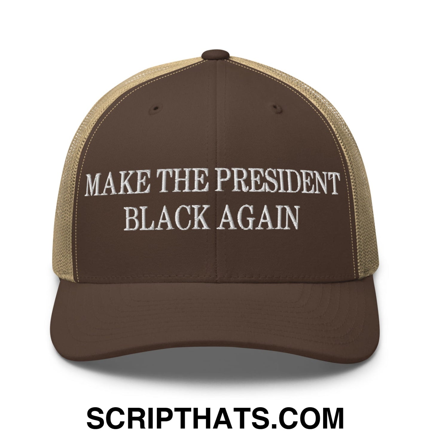 Make The President Black Again Embroidered Mesh Trucker Hat Brown Khaki