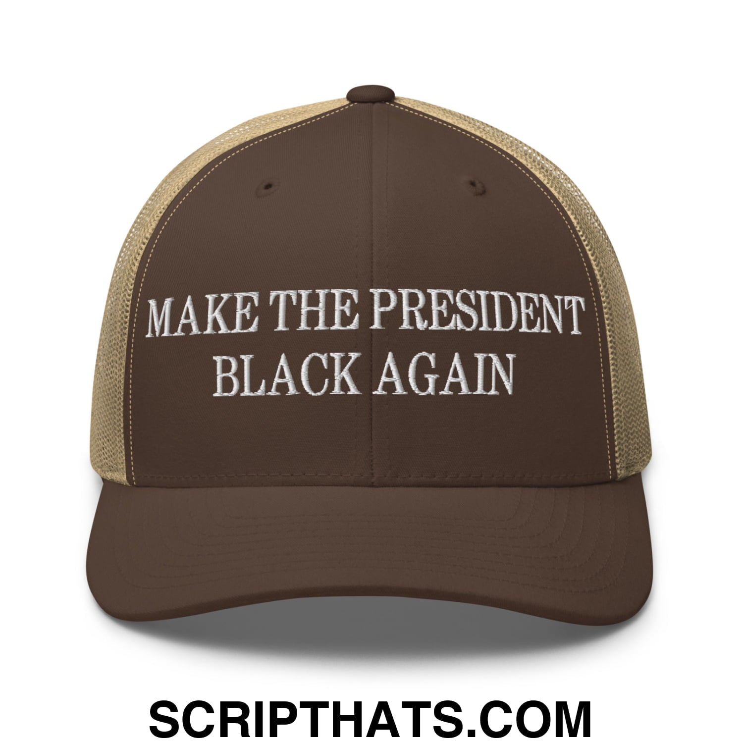Make The President Black Again Embroidered Mesh Trucker Hat Brown Khaki