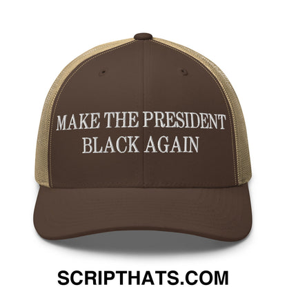 Make The President Black Again Embroidered Mesh Trucker Hat Brown Khaki