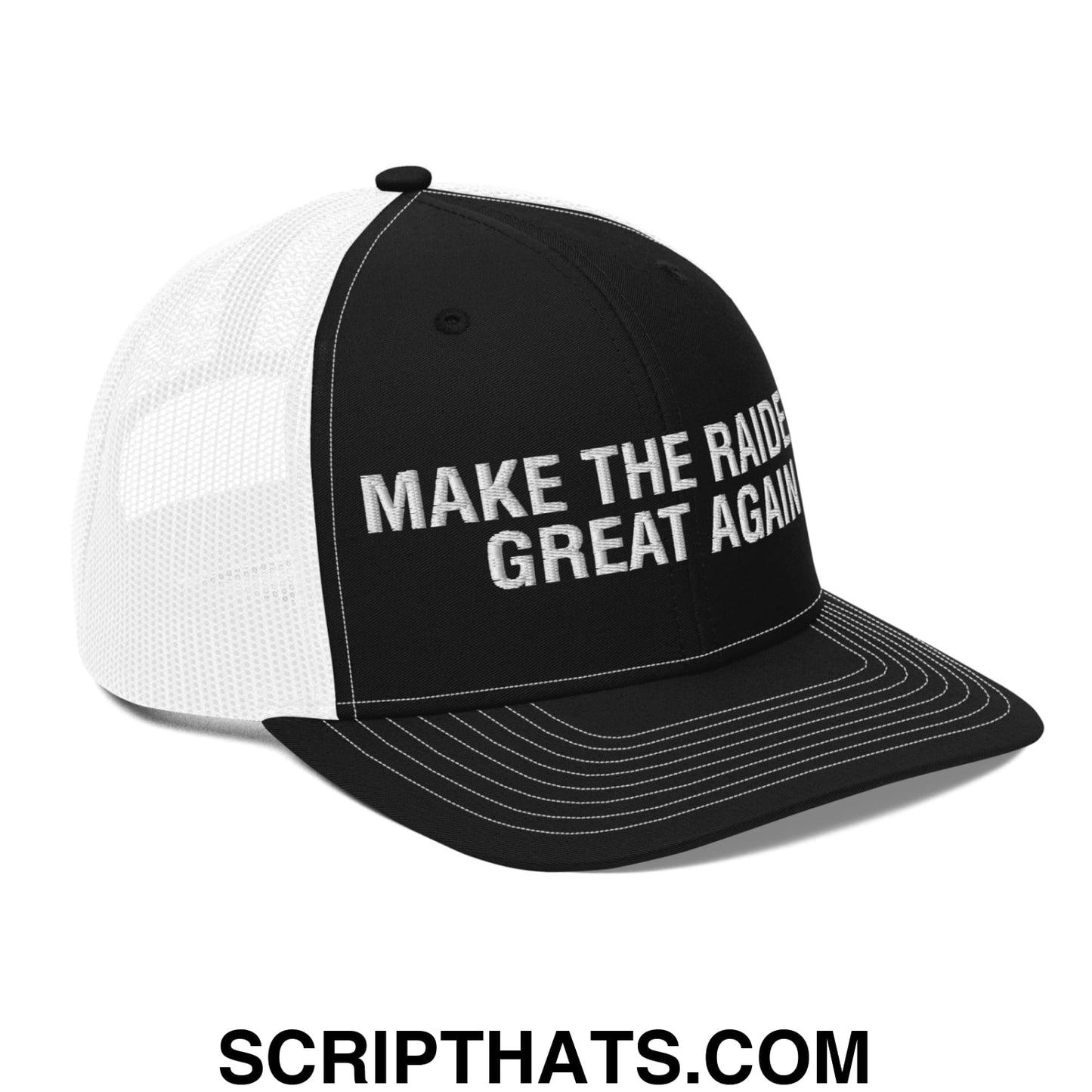 Make The Raiders Great Again 2026 Draft Day Embroidered Classic Mesh Trucker Hat Black White