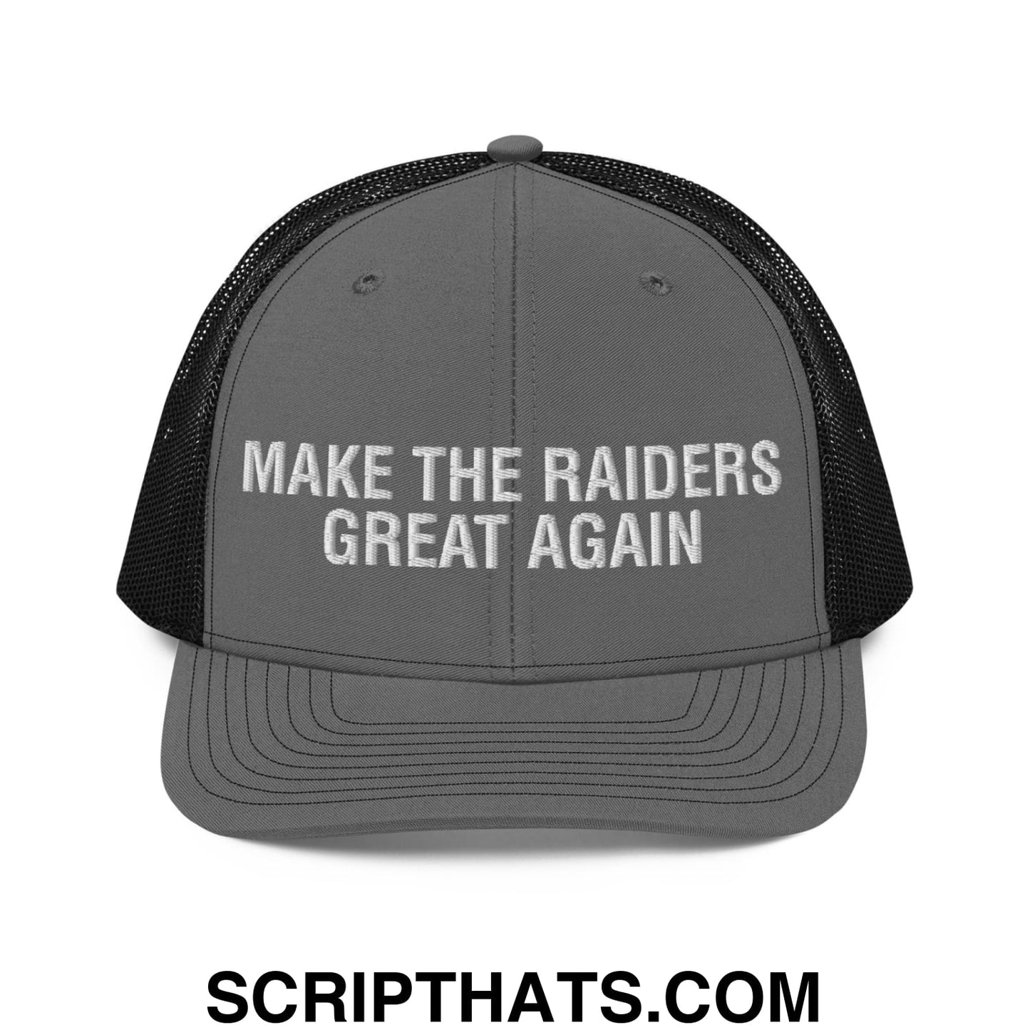 Make The Raiders Great Again 2026 Draft Day Embroidered Classic Mesh Trucker Hat Charcoal Black