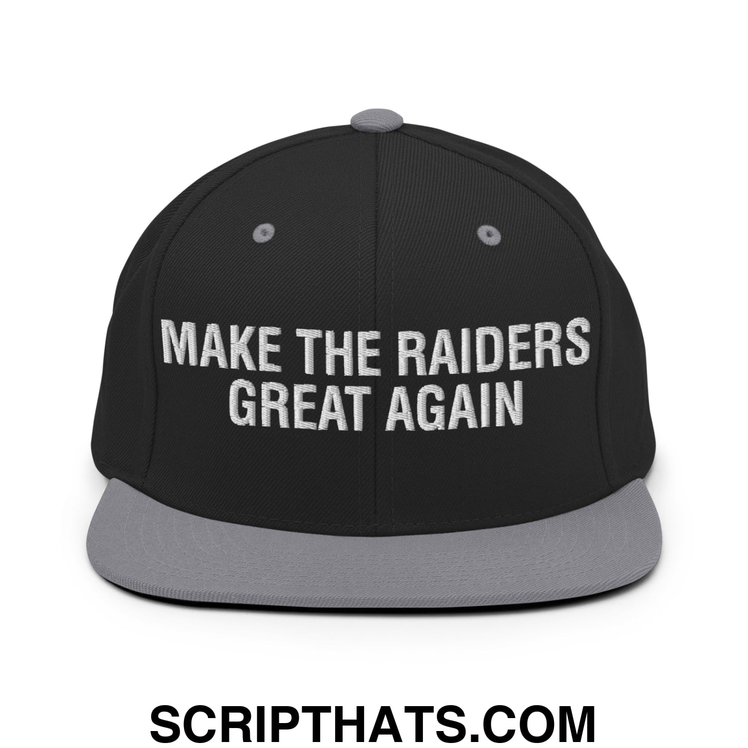 Make The Raiders Great Again 2026 Draft Day Embroidered Flat Bill Brim Snapback Hat Black Silver