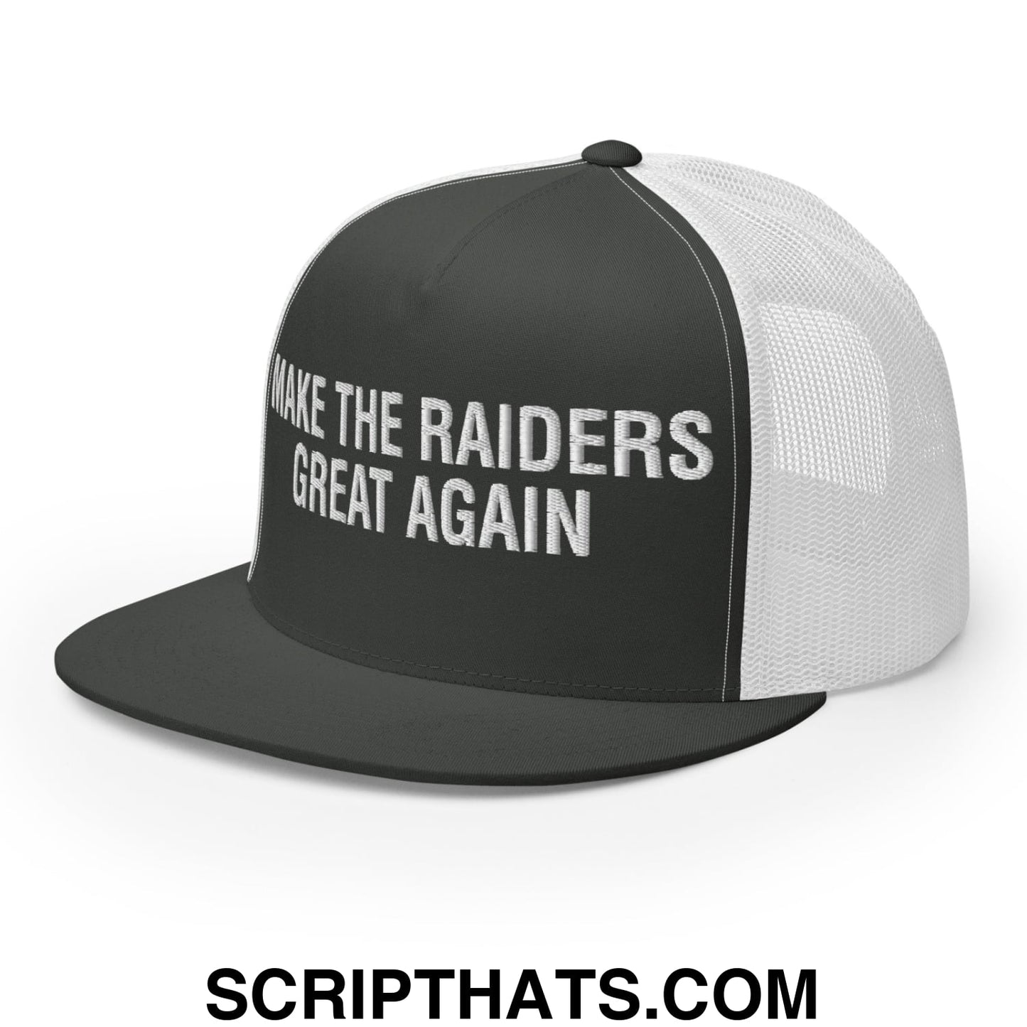 Make The Raiders Great Again 2026 Draft Day Embroidered Mesh Flat Bill Brim Trucker Hat Charcoal White