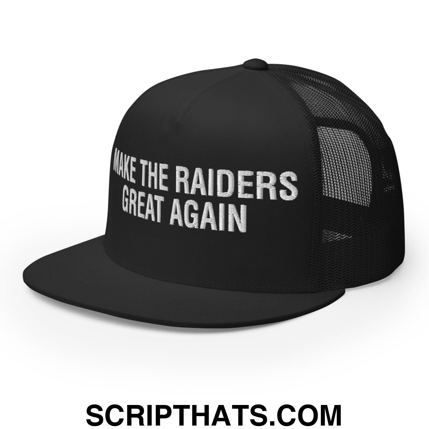 Make The Raiders Great Again 2026 Draft Day Embroidered Mesh Flat Bill Brim Trucker Hat Black