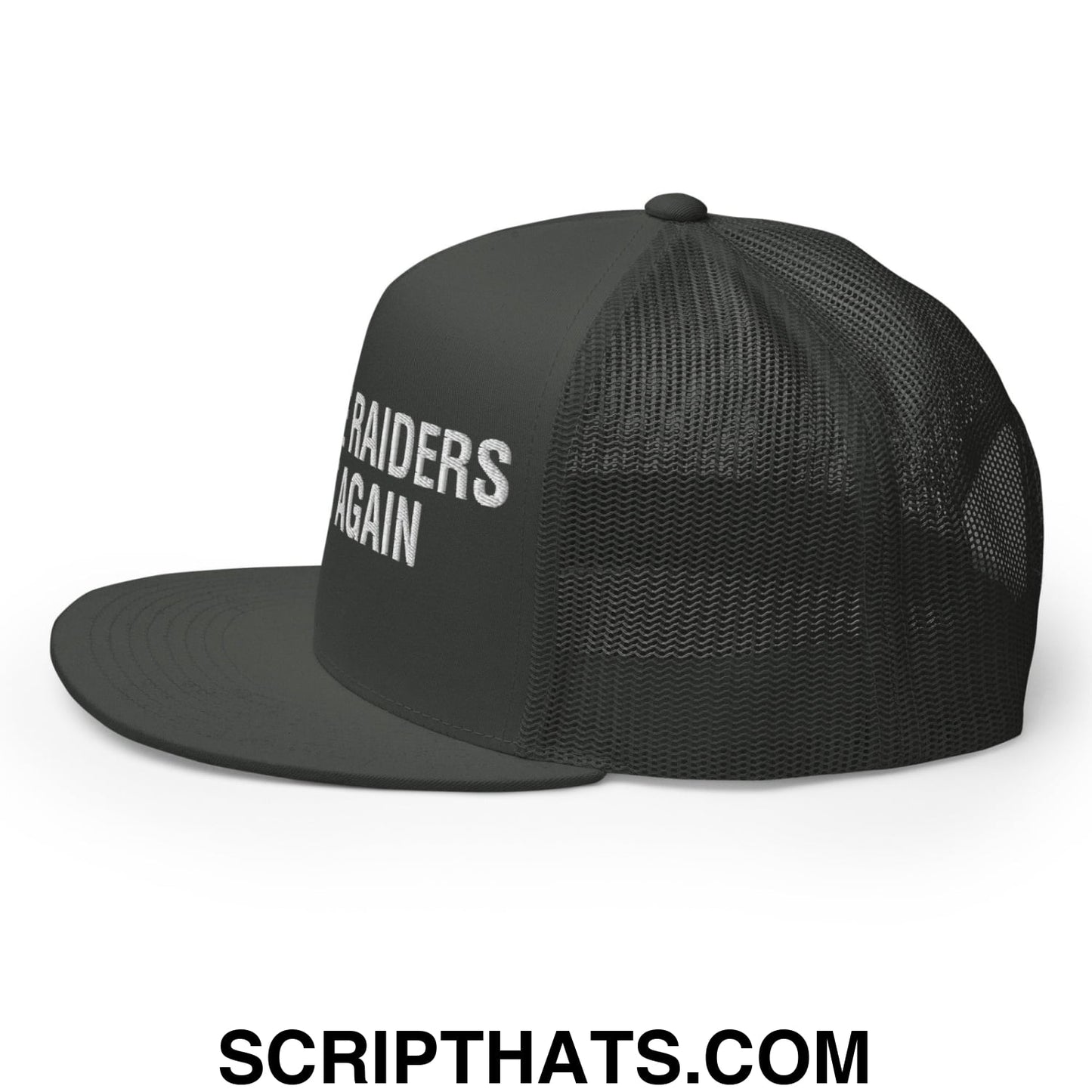 Make The Raiders Great Again 2026 Draft Day Embroidered Mesh Flat Bill Brim Trucker Hat Charcoal