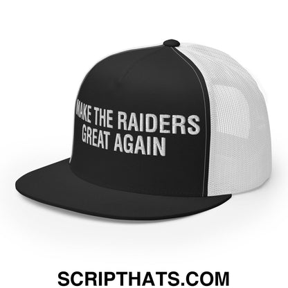 Make The Raiders Great Again 2026 Draft Day Embroidered Mesh Flat Bill Brim Trucker Hat Black White