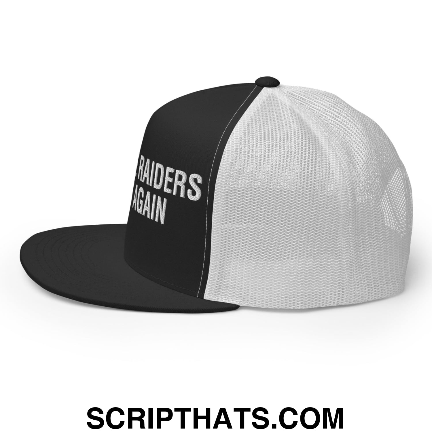Make The Raiders Great Again 2026 Draft Day Embroidered Mesh Flat Bill Brim Trucker Hat Black White