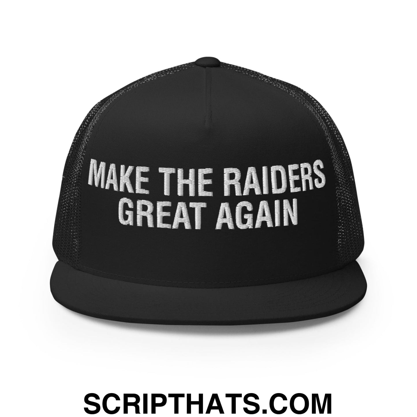 Make The Raiders Great Again 2026 Draft Day Embroidered Mesh Flat Bill Brim Trucker Hat Black