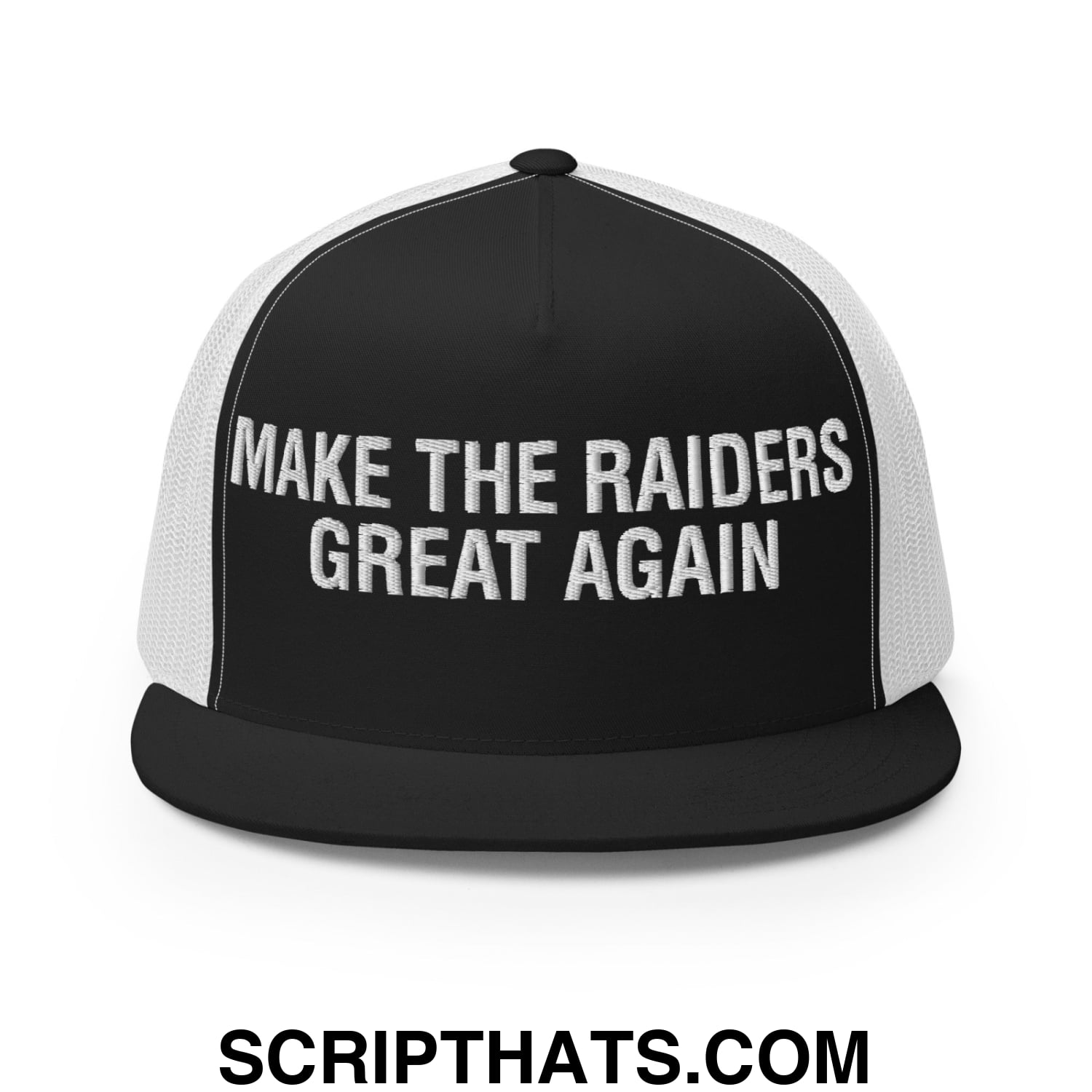 Make The Raiders Great Again 2026 Draft Day Embroidered Mesh Flat Bill Brim Trucker Hat Black White