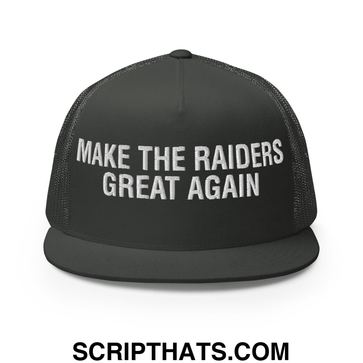 Make The Raiders Great Again 2026 Draft Day Embroidered Mesh Flat Bill Brim Trucker Hat Charcoal