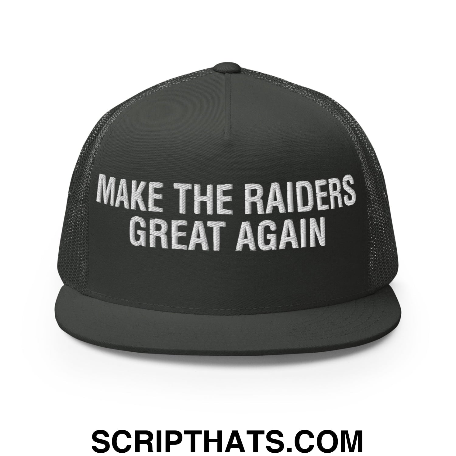 Make The Raiders Great Again 2026 Draft Day Embroidered Mesh Flat Bill Brim Trucker Hat Charcoal