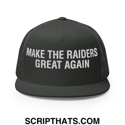 Make The Raiders Great Again 2026 Draft Day Embroidered Mesh Flat Bill Brim Trucker Hat Charcoal