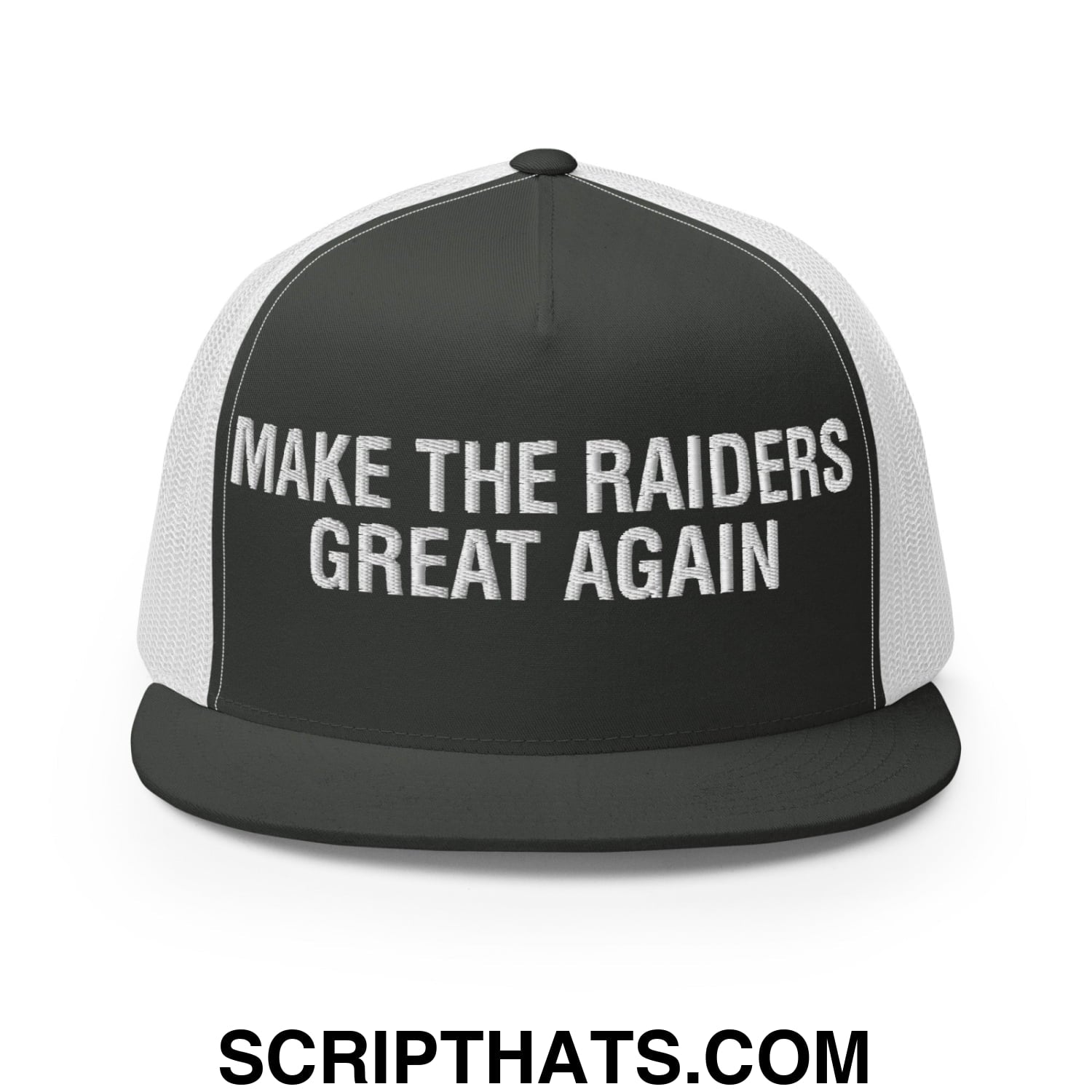 Make The Raiders Great Again 2026 Draft Day Embroidered Mesh Flat Bill Brim Trucker Hat Charcoal White