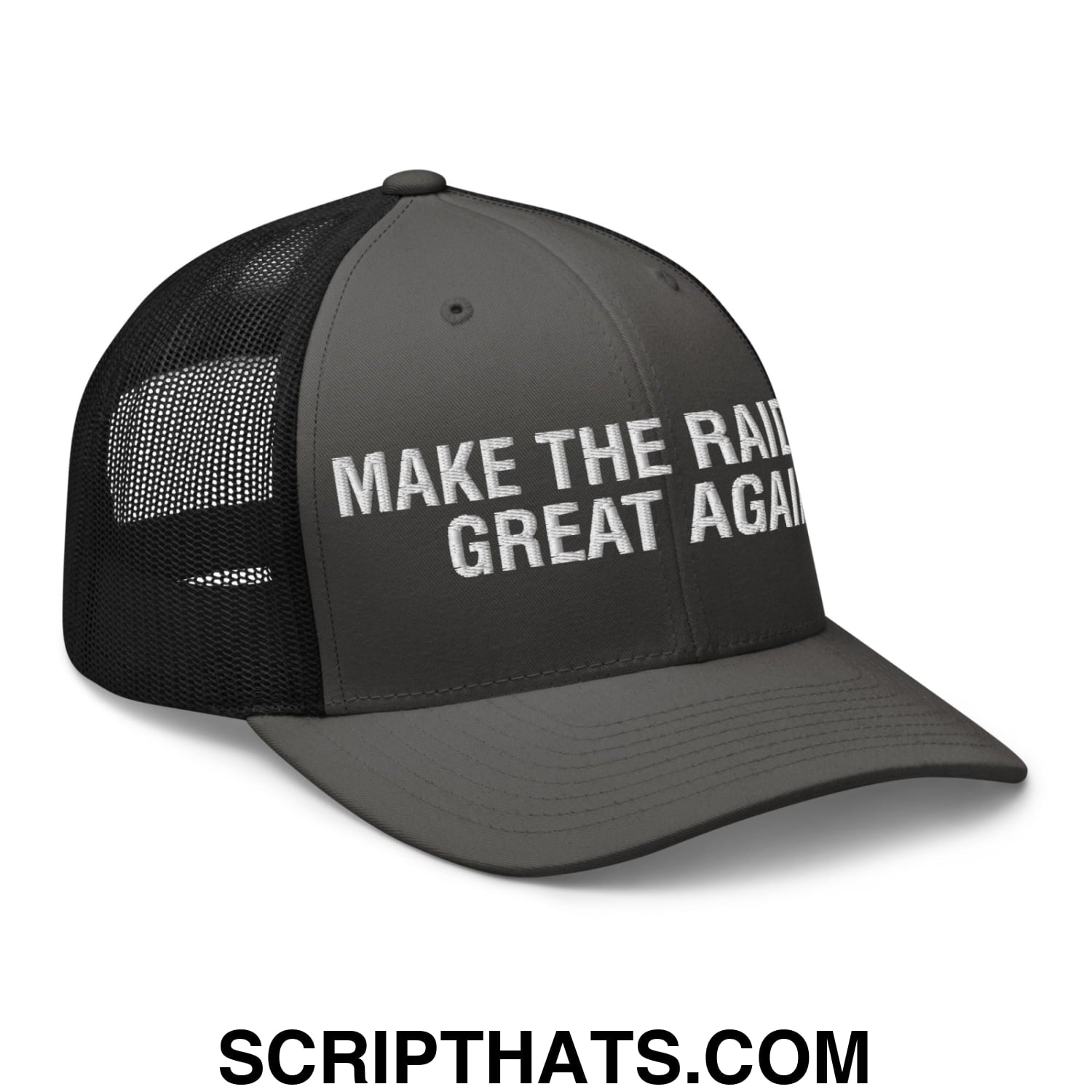 Make The Raiders Great Again 2026 Draft Day Embroidered Mesh Trucker Hat Charcoal Black