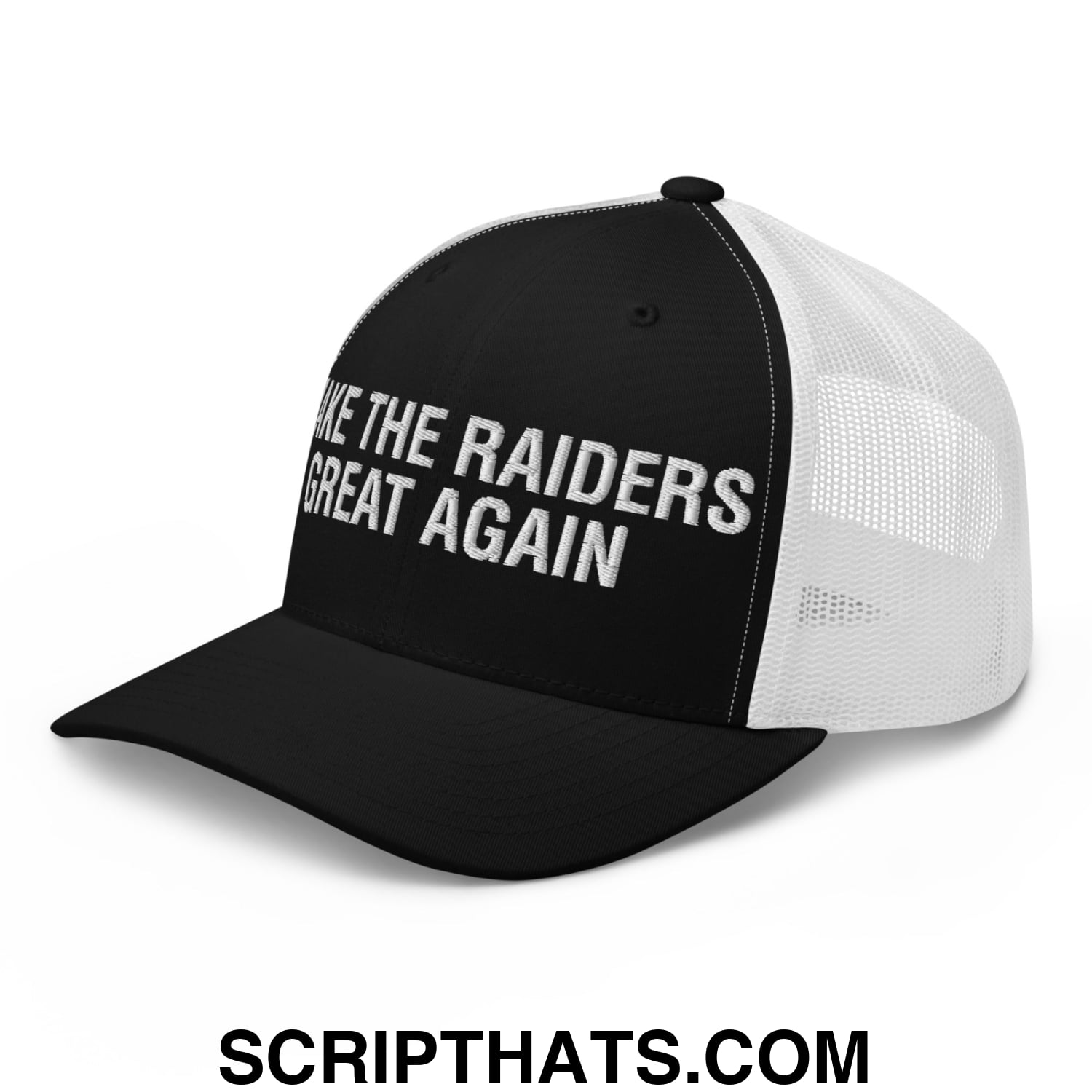 Make The Raiders Great Again 2026 Draft Day Embroidered Mesh Trucker Hat Black White