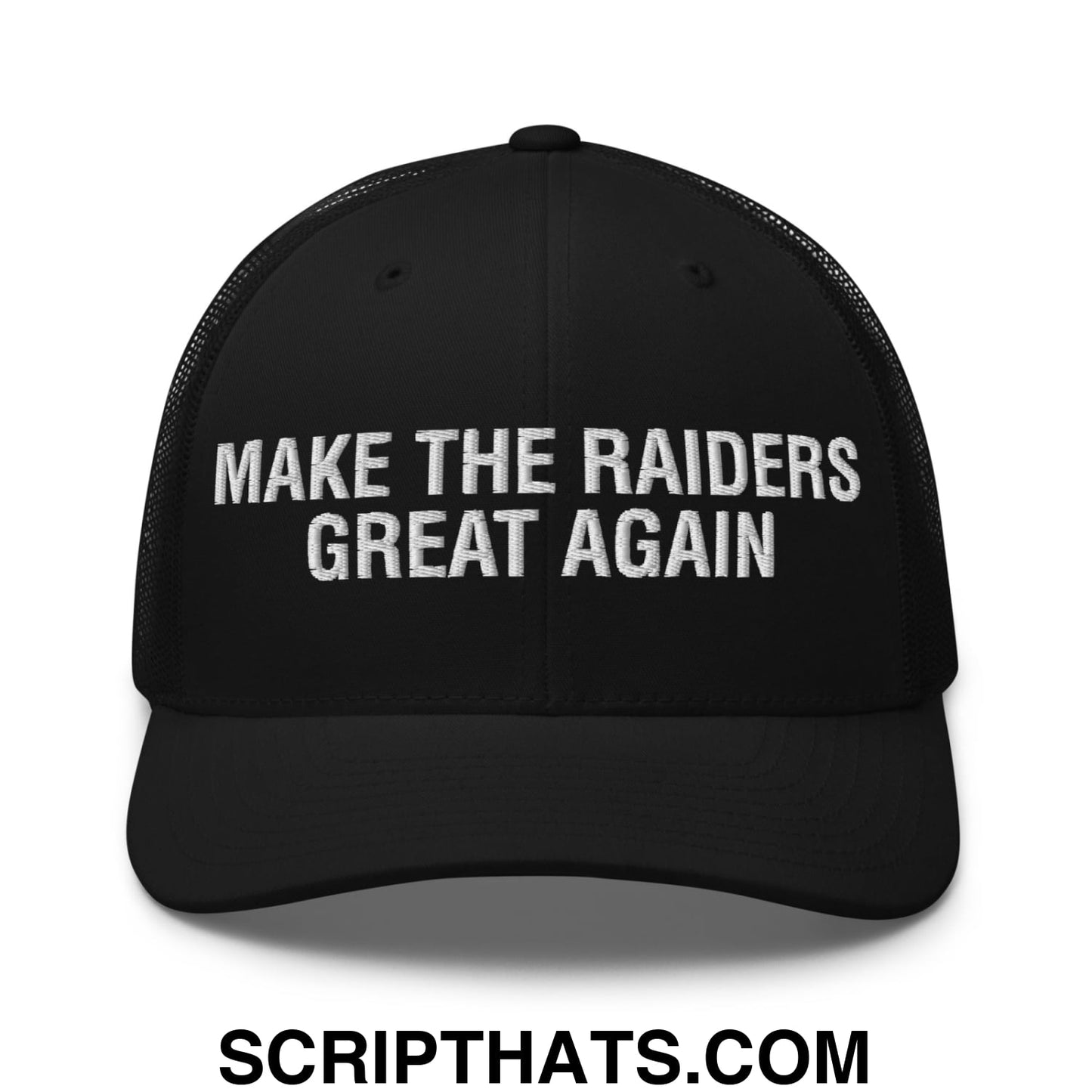 Make The Raiders Great Again 2026 Draft Day Embroidered Mesh Trucker Hat Black