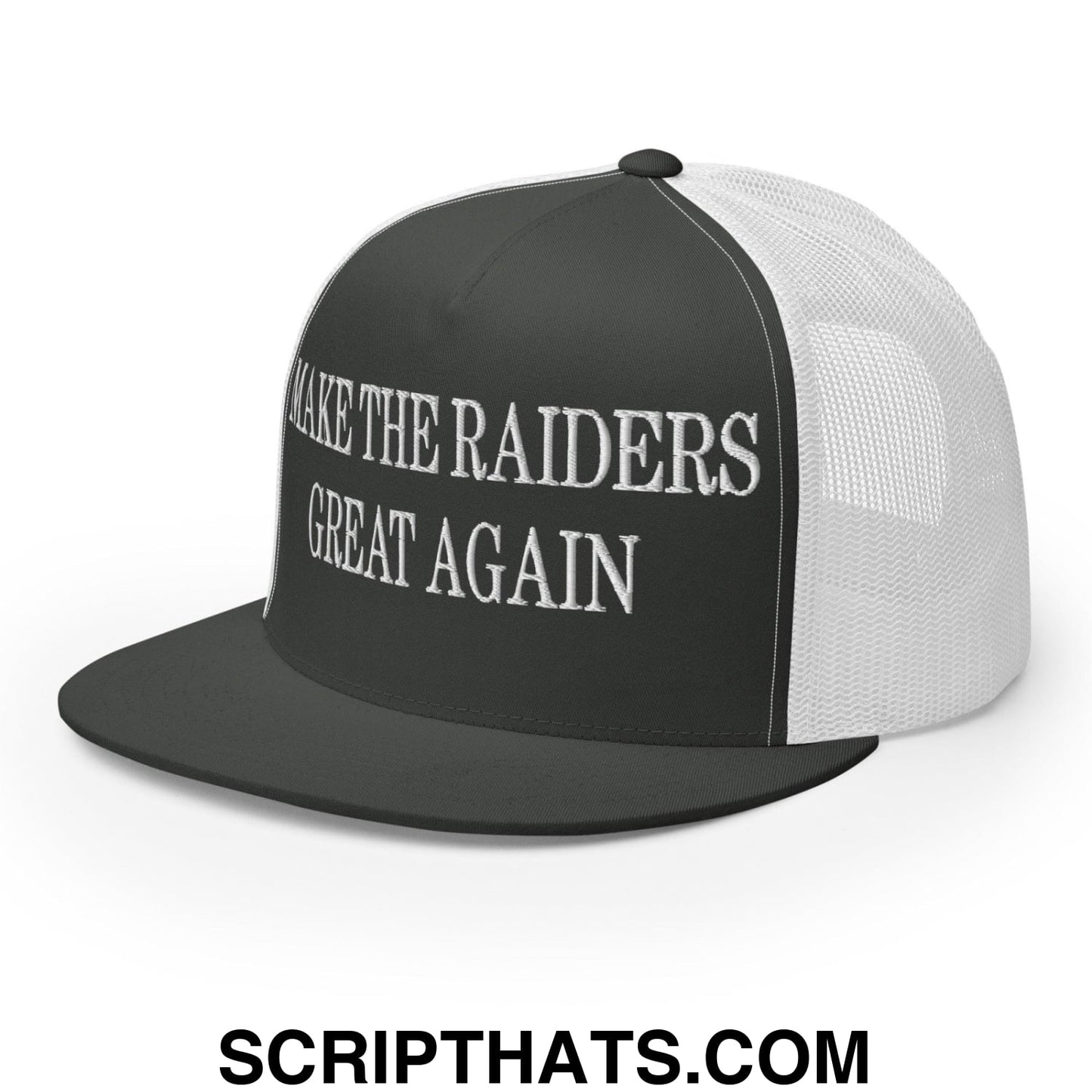 Make The Raiders Great Again Embroidered Mesh Flat Bill Brim Trucker Hat Charcoal White