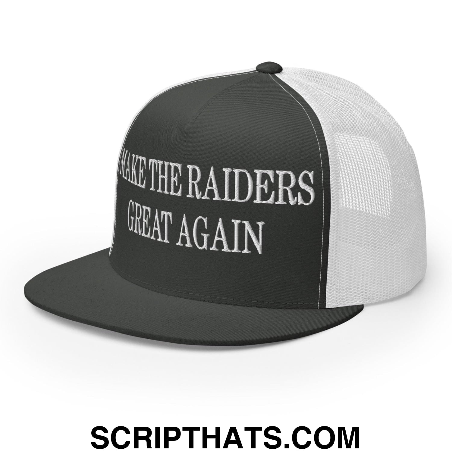Make The Raiders Great Again Embroidered Mesh Flat Bill Brim Trucker Hat Charcoal White