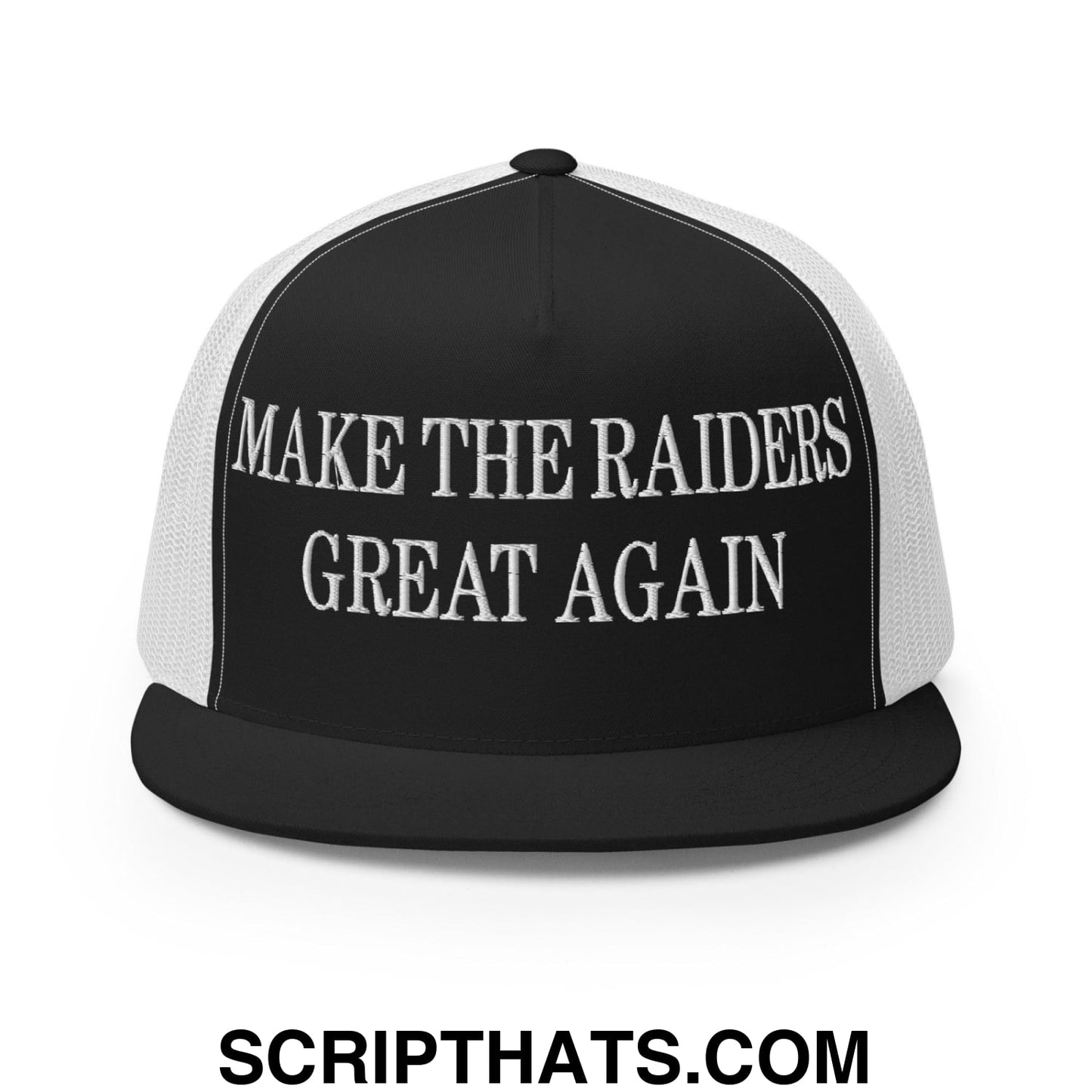 Make The Raiders Great Again Embroidered Mesh Flat Bill Brim Trucker Hat Black White