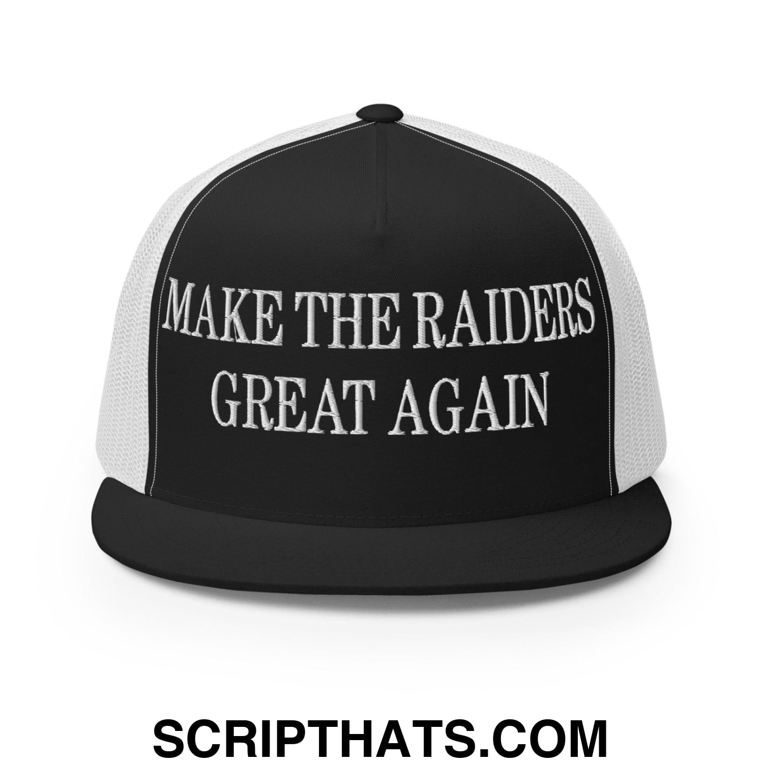 Make The Raiders Great Again Embroidered Mesh Flat Bill Brim Trucker Hat Black White