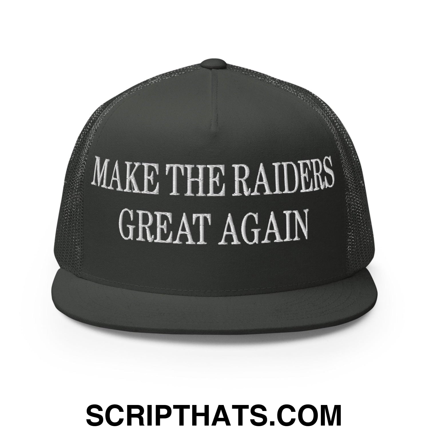 Make The Raiders Great Again Embroidered Mesh Flat Bill Brim Trucker Hat Charcoal