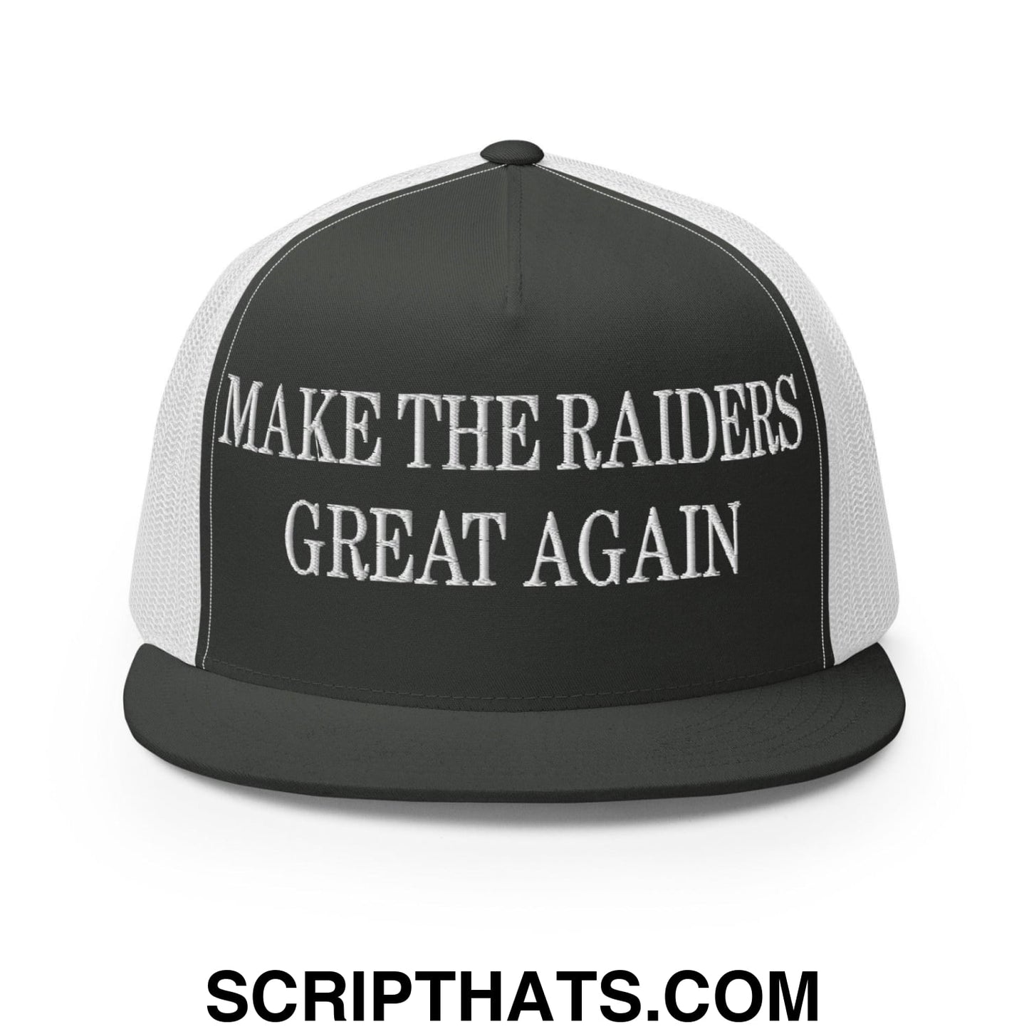 Make The Raiders Great Again Embroidered Mesh Flat Bill Brim Trucker Hat Charcoal White