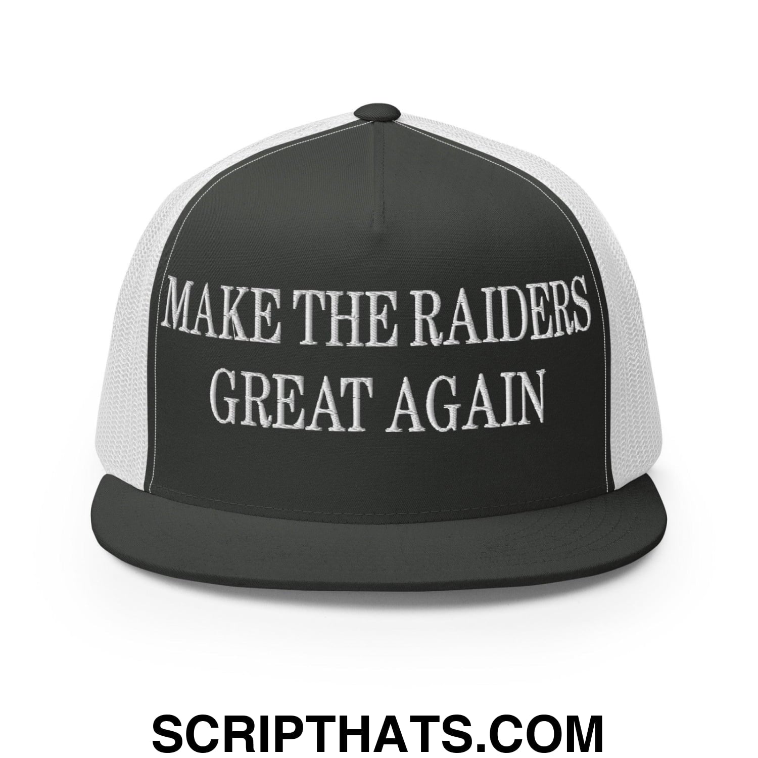 Make The Raiders Great Again Embroidered Mesh Flat Bill Brim Trucker Hat Charcoal White