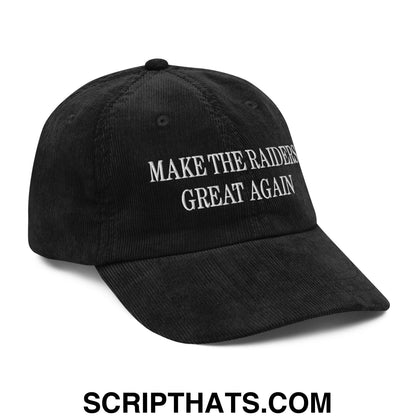 Black corduroy unstructured dad hat with white embroidered text make the raiders great again