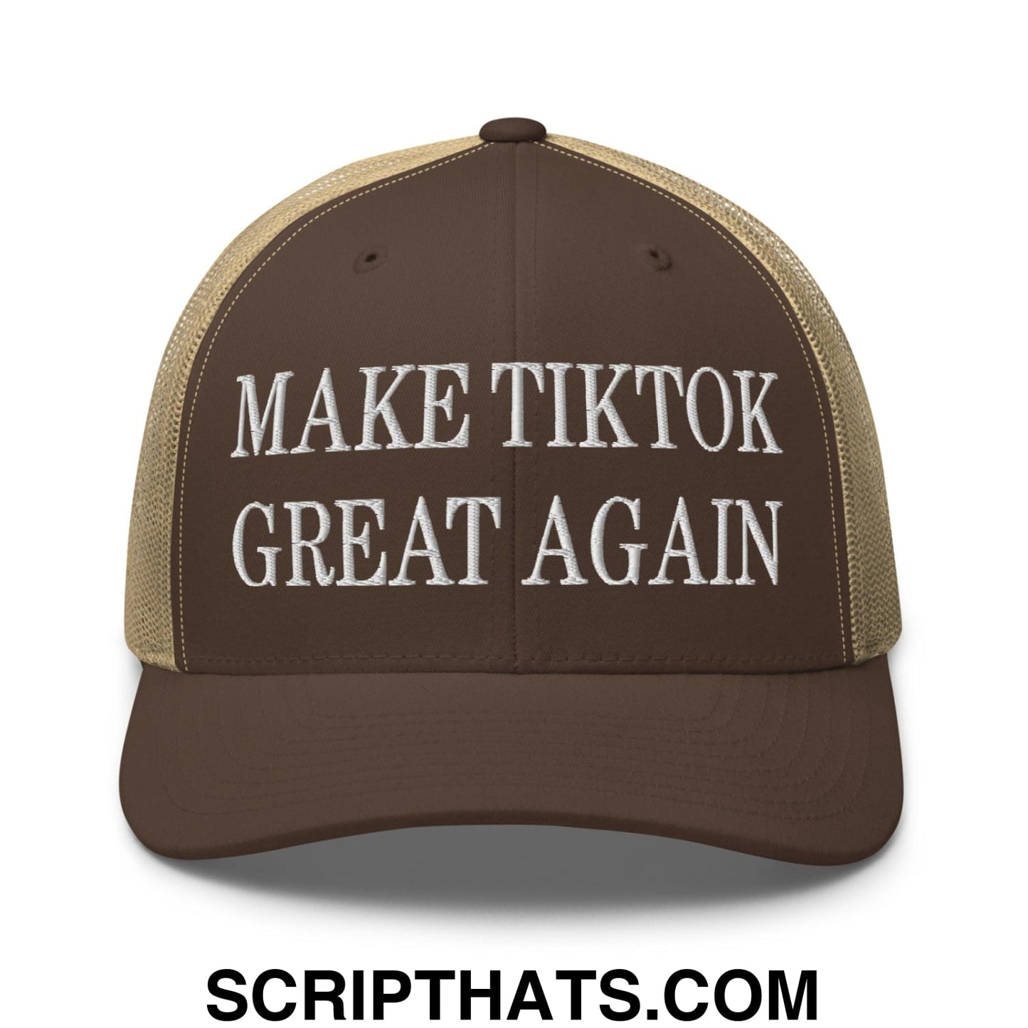 Make TikTok Great Again Embroidered Mesh Trucker Hat Brown Khaki